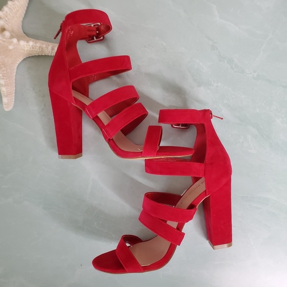 NEW Red Suede Strap Buckle Heels - Picture 4 of 7